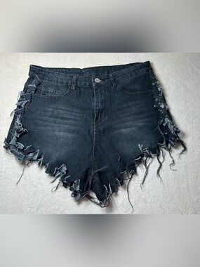 Jeans Women's XL Black Dark Wash Denim Cut Off Shorts Lace-Up 5 Pocket Mid Rise